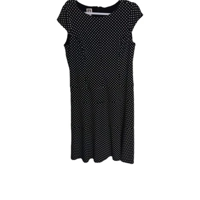 Vestido para mujer Anne Klein talla 12 negro con lunares blancos midi línea A mangas de gorra Foto 1 de 4