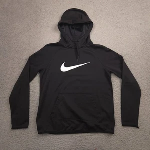 Nike Therma Dri Fit Women Hoodie M Black White Swoosh Pullover Fleece Sweatshirt - Picture 1 of 11