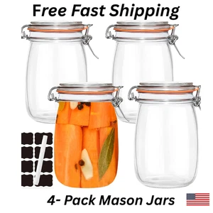 Paquete de 4 frascos de albañil de vidrio de boca ancha transparente con tapas herméticas de almacenamiento de 32 oz - Imagen 1 de 9