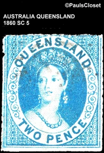 AUSTRALIEN QUEENSLAND 1860 SC 5 QUEEN VICTORIA DP BLAU 2p WM6 USED FINE - Bild 1 von 2