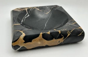 Vintage Black Gold Portoro Marble Ashtray Deco 5”x5” - Picture 1 of 8