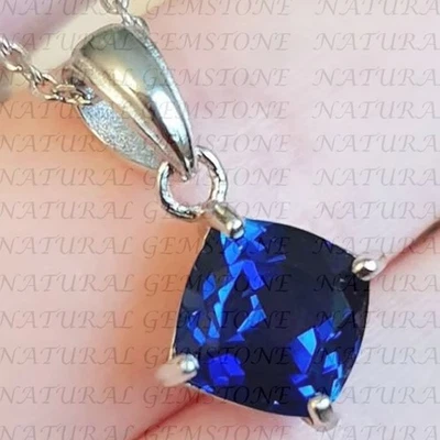 5.00Carat Cushion Shape Natural Sapphire Solitaire Pendant 18K White Gold Plated - Image 1 of 4