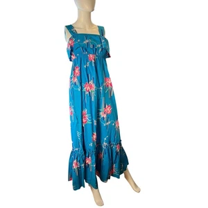 Maxi Vestido Hawaiano Vintage Años 80 Azul Floral Hilo Hatties Volantes Talla S - Imagen 1 de 6