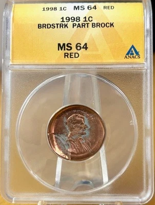 1998 MINT ERROR Lincoln Cent ANACS MS 64 RED Broadstruck w Partial Brockage COIN - Image 1 of 4