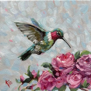 Hummingbird Original Painting On Canvas 8 X 8 Bird Art Krista Eaton - Picture 1 of 7