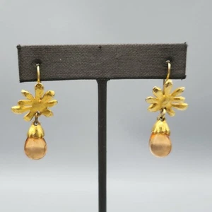 Cecile Jeanne France Gold Tone Amber Lucite Drop Flower Dangle Hook Earrings - Picture 1 of 13