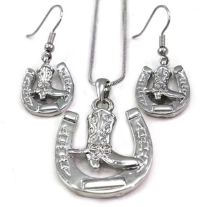 Horseshoe Cowboy Boots Hoop Dangle Earrings Necklace Pendant Lucky Cowgirl Set - Picture 1 of 1