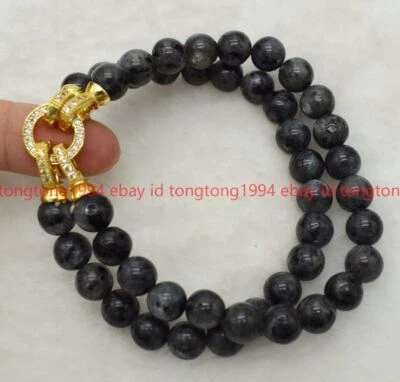 Schön 2Reihen 6/8/10mm Schwarz Labradorit Runde Edelstein Perlen Armband 19cm - Bild 1 von 3