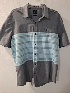 Volcom Men's Gray and Teal Striped Button Up Short Sleeve Classic Fit (XL) - Picture 1 of 7