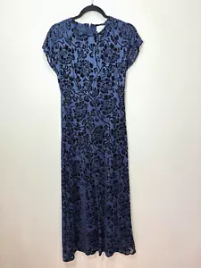 90s Navy Blue Black Velvet Burnout Midi Dress M Floral Fairy Grunge Whimsigoth - Picture 1 of 10