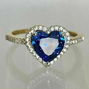 14k Yellow Gold Plated Heart Simulated Blue Sapphire Halo Heart Engagement Ring