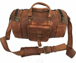 New Handmade 14 Inch Real Goat Vintage Leather GYM Bags Travel Luggage Bags - Picture 1 of 5