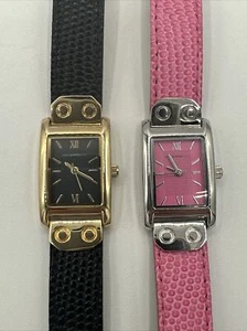 Set of 2 Isaac Mizrahi Live! Wrist Watch Black Gold Pink Silver Skinny Strap - Picture 1 of 7