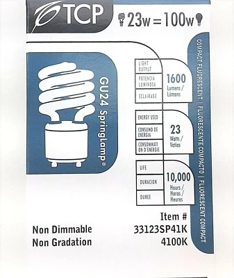 TCP 33123SP41K 23W (100W Equal) GU24 Springlamp 4100K Spiral CFL Light Bulb 120V - Image 1 of 4