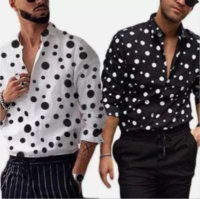 Men's Polka Dot Print Casual Long-sleeved Shirts Business Lapel Collar Tops - Image 1 of 4