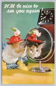 Calico Cat Dressed Red Hat Yellow Socks Blue Top - Clock Mirror Postally Unused - Picture 1 of 2