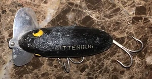 Señuelo de pesca vintage Fred Arbogast Jitterbug X negro flocado doble triple gancho - Imagen 1 de 3