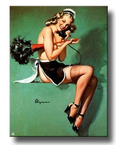 Póster retro de niña pinup IMPRESIÓN EN LIENZO de colección Gil Elvgren teléfono de criada 12x8" - Imagen 1 de 1