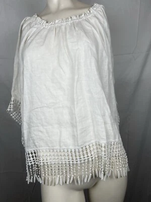 Blusa de lino con hombros descubiertos Spense para mujer talla blanca ribete con flecos manga 3/4 M Foto 1 de 4