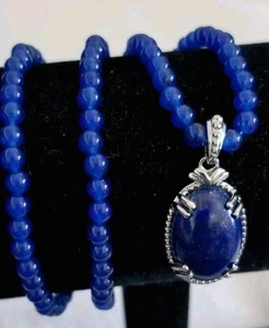 Blauer Lapislazuli platiniert Anhänger blauer Quarzit Perlen Halskette 19 Zoll - Bild 1 von 7