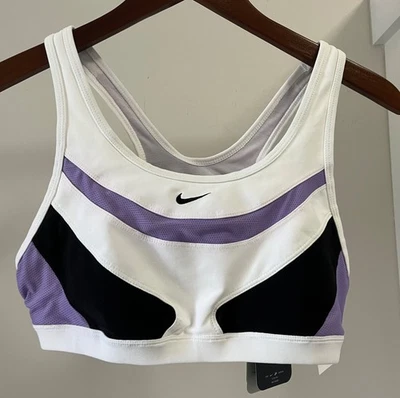 NWT Nike Women DriFit Sports Bra Reflective Running Large White/Black/Purple $38 - Image 1 of 4