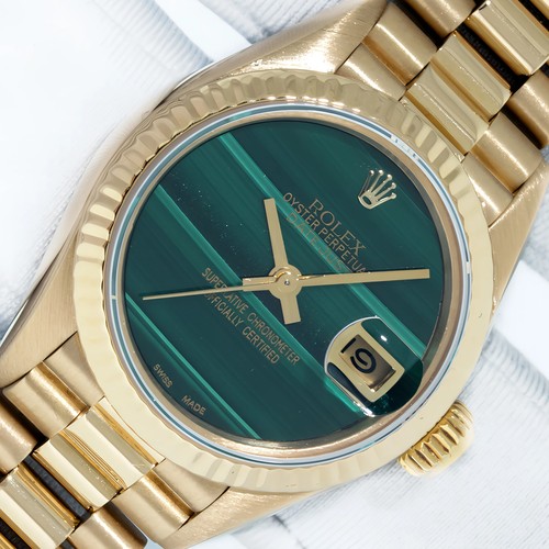 ROLEX LADIES PRESIDENT WATCH MALACHITE DIAL 18K YELLOW G QUICK SET FLUTED