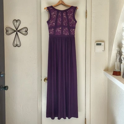 Vestido violeta escuro tamanho 6 transparente cintilante renda comprimento chão cintura império - Imagem 1 de 4