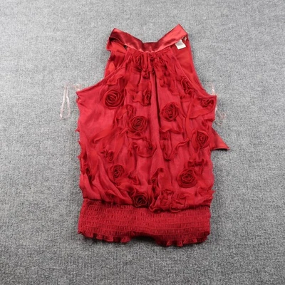 Soulmates Blouse Womens Small Red Sleeveless Floral Rose Appliqué Textured Top - Image 1 of 4