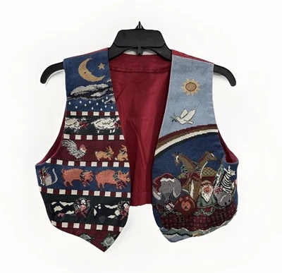 Винтажный 90-х Ноев ковчег женщин XS/S гобелен праздничный жилет ручной работы религиозных животных - Изображение 1 из 4