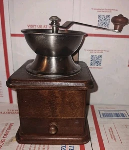 Antique/Vintage Tabletop Crank Handle Coffee Grinder, Metal, Wood with Drawer - Picture 1 of 4