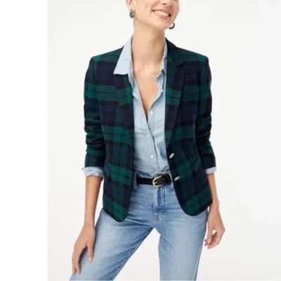J Crew Mujer 14 Negro Reloj Escolar Lana Cuadros Blazer Verde/Marino Dorado Botón Foto 1 de 4