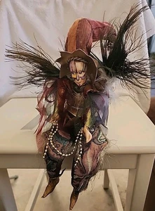VINTAGE Mardi Gras Harlequin Jester Doll Shelf Sitter Peacock Feathers Mask - Picture 1 of 17