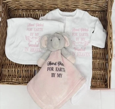 Newborn baby sleepsuit Bib Pink Comforter Elephant Personalised Heaven Nan Gran - Image 1 of 4