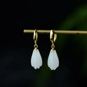 Orecchini fiori giada naturale bianca placcati oro 18 kt veri gioielli - Foto 1 di 8
