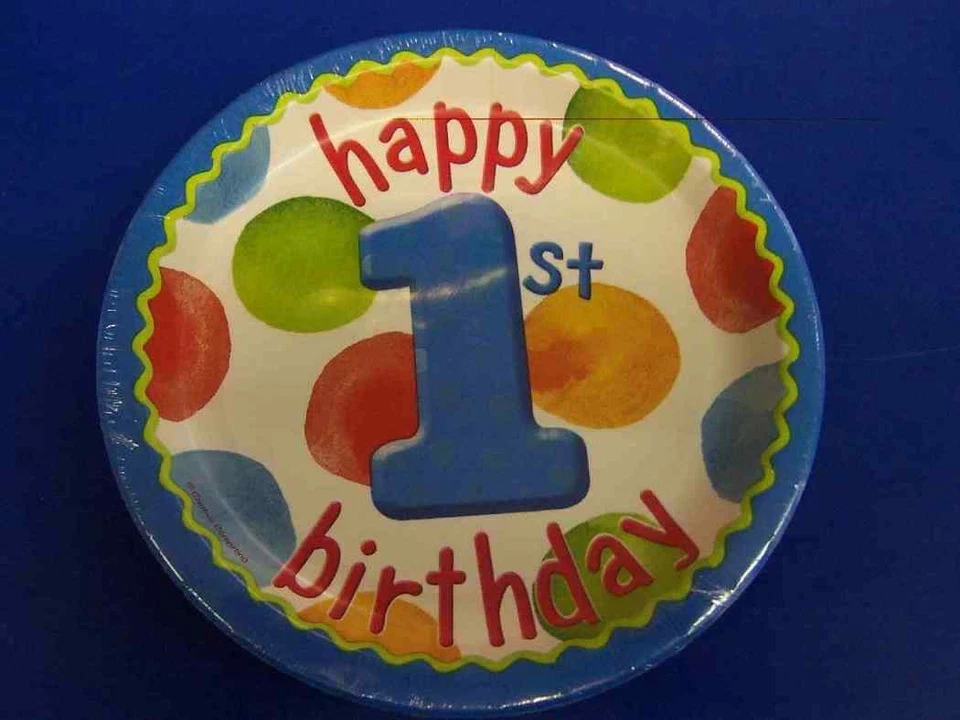 Big 1 Dots Boy 1st Polka Blue Kids First Birthday Party 7" Paper Dessert Plates - Image 1 of 1