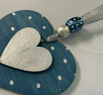 Blue Teal Silver Dot Wooden Hearts hanging decoration sign plaque gift mother - Image 1 of 4