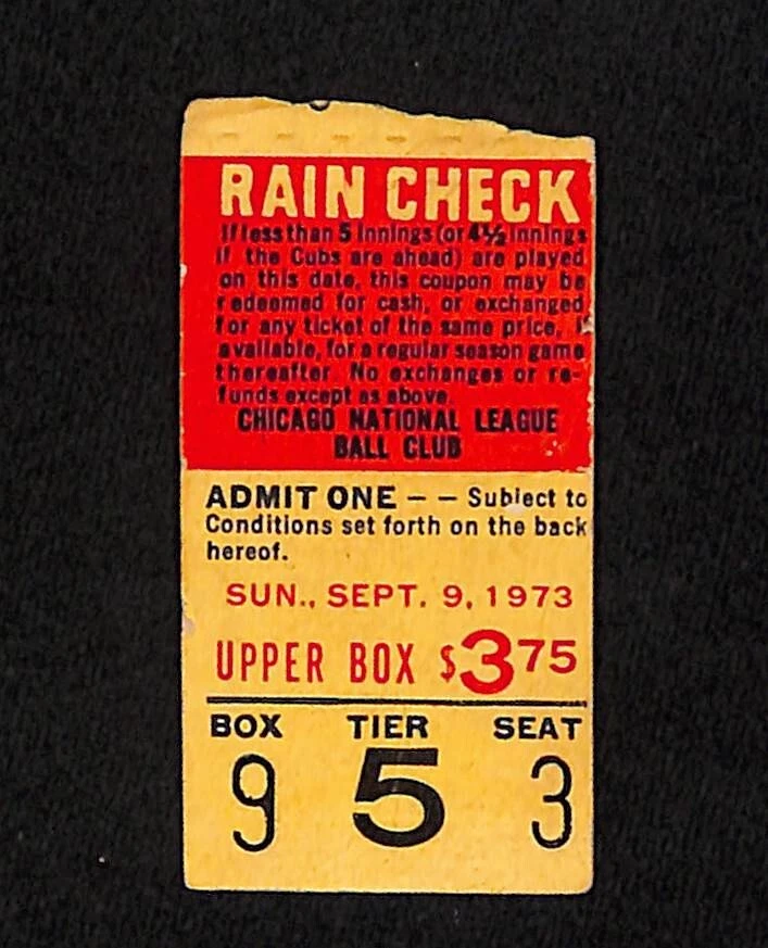 SEPT 9, 1973 ST. LOUIS CARDINALS @ CHICAGO CUBS TICKET STUB, MONDAY, WILLIAMS HR - Image 1 of 1