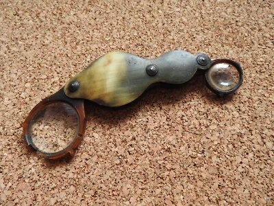 ancienne loupe double verre pliable en corne loupe de poche Grossissant lecture - Photo 1/4