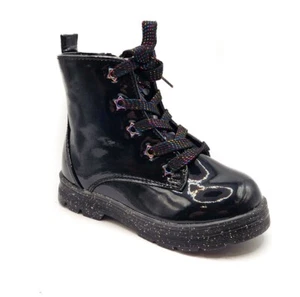 Girls Black Boots Patent Faux Leather Quilted Bow Zip Kids Lace Up Sparkle Shoes - Picture 1 of 15