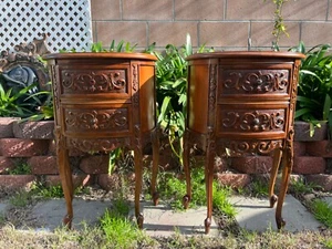 Pair Of 1940 Walnut French Provincial Carved Marble Table - Picture 1 of 16