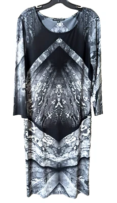 Vestido Saks Fifth Avenue Midi Ajustado Estampado Serpiente Mangas Largas Negro Gris Talla XL Foto 1 de 4