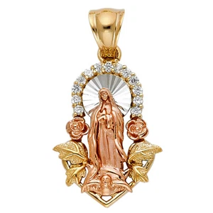 14K Two Tone Gold CZ Religious Guadalupe Charm Pendant For Necklace Chain - Picture 1 of 4