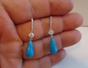 PENDIENTES COLGANTES PLATA ESTERLINA 925 LÁGRIMA TURQUESA CON DETALLES/ ¡NUEVO DISEÑO! - Imagen 1 de 7