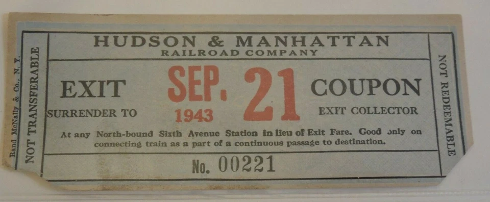 1943 H&M Hudson and Manhattan PATH Hudson Tubes Subway New York City NYC Ticket - Image 1 of 1