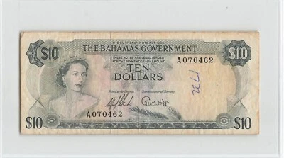 BAHAMAS $10 Dollars 1965, P-22a Government, A070462, 2-Signatures, Scarce    B1 - Image 1 of 2