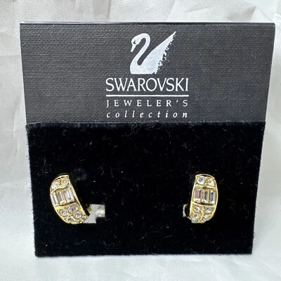 Brincos de argola GENUÍNOS SWAROVSKI coleção de joalheiros cristal transparente tom dourado - Imagem 1 de 4