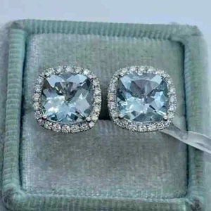 4Ct Cushion Cut Lab Created Aquamarine Halo Stud Earrings 14K White Gold Plated - Picture 1 of 5