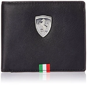 100% Genuine Leather Authentic Puma Ferrari Black Blue Red Bi-fold Men's Wallet - Picture 1 of 66