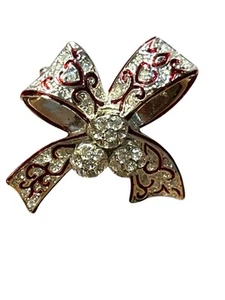 Vintage Estate MONET Signed Red Enamel Bow Clear Rhinestone Brooch/Pin 1.5” - Picture 1 of 3