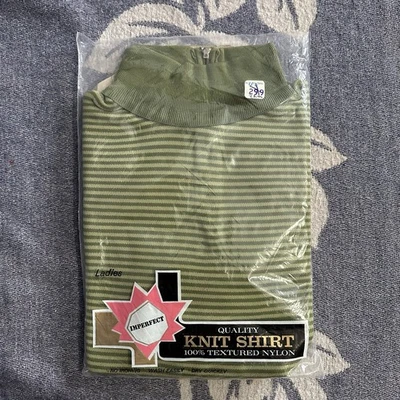 Vintage 60/70s Ladies Textured Nylon Knit Green Striped Sleeveless Shirt Zip 40 - Image 1 of 4